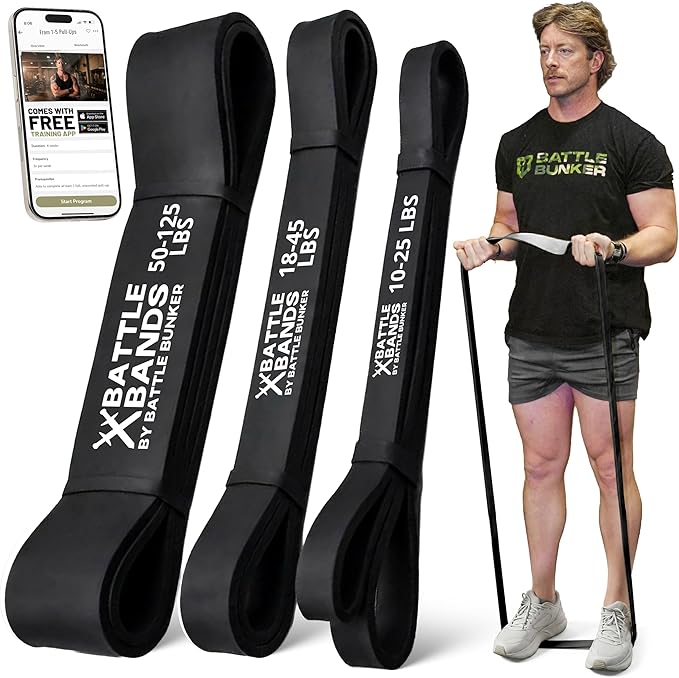 Battle Bunker Premium Resistance Bands - Natural Exercise Bands for Strength Training, Pull-Ups & Recovery - Fitness Band for Home, Gym & Mobility Workouts- Crush Your Goals Anytime- 3-Pack- 10-125lbs