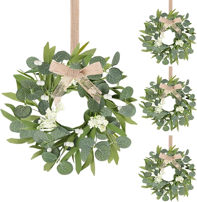 4 Pcs Green Eucalyptus Wreaths for Kitchen Cabinet Artificial Spring Summer Eucalyptus Wreath with White Berries Mini Green Wreaths with Ribbon for Front Door Porch Wall Window Farmhouse Decoration
