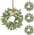 4 Pcs Green Eucalyptus Wreaths for Kitchen Cabinet Artificial Spring Summer Eucalyptus Wreath with White Berries Mini Green Wreaths with Ribbon for Front Door Porch Wall Window Farmhouse Decoration