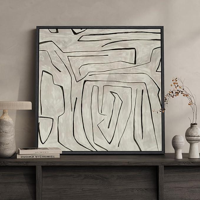 Framed Black and Beige Neutral Abstract Wall Art, Square Modern Canvas Prints Painting Artwork for Walls, Minimalist Abstract Line Picture for Bedroom Dining Lounge Living Room Wall Decor 24x24 In