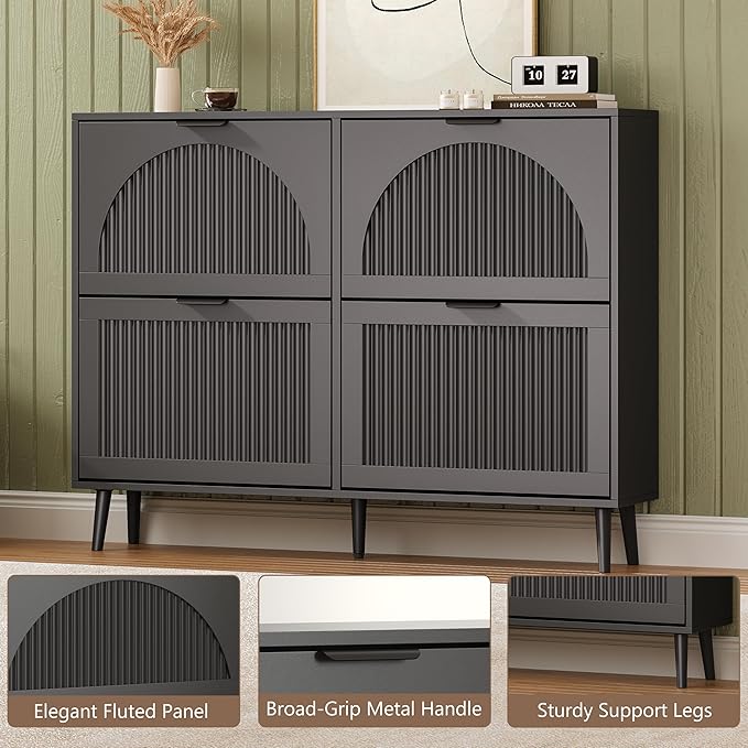 Shoe Cabinet for Entryway with 4 Flip Drawers, Slim Wooden Shoe Storage Organizer with Modern Fluted Pannel，Freestanding Narrow Hidden Shoe Rack for Hallway, Foyer, Living Room