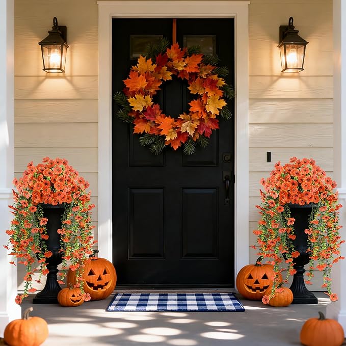 Artificial Hanging Flowers for Outdoors,2 Bundles Silk Fake Fall Flowers for Outside, Realistic Faux Plants for Hanging Baskets, Planters-Porch, Patio, Yard Decor(Orange)