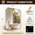 ANDY STAR 36"x48" Large Gold Mirror, Brushed Brass Rectangle Bathroom Mirror, Scalloped Vanity Mirror in Anti-Rust Stainless Steel 1’’ Frame, Unique Notched Corner Mirror, Ideal for Home Remodel