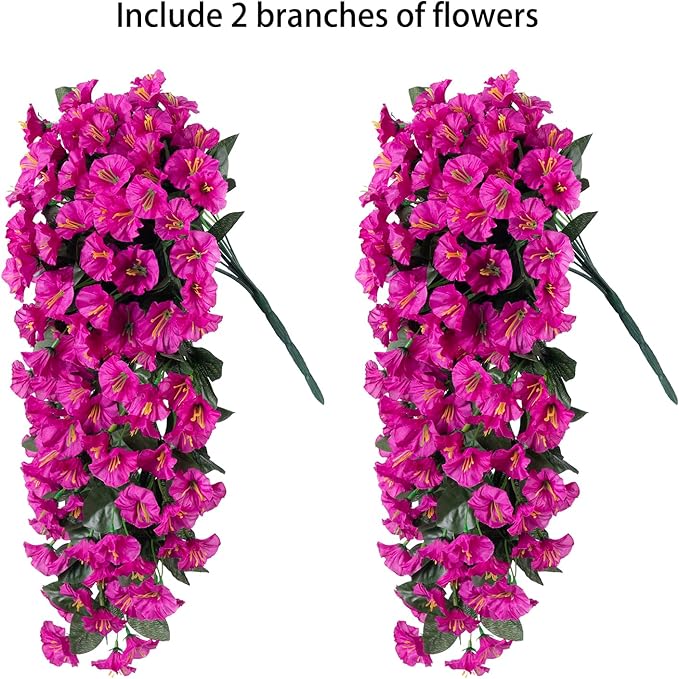 HyeFlora Artificial Fake Hanging Flowers Plants for Outdoor Outside Decoration, 2PCS Faux Silk UV Resistant Look Real Fuchsia Morning Glory Trailing Vines for Home Planter Porch Patio