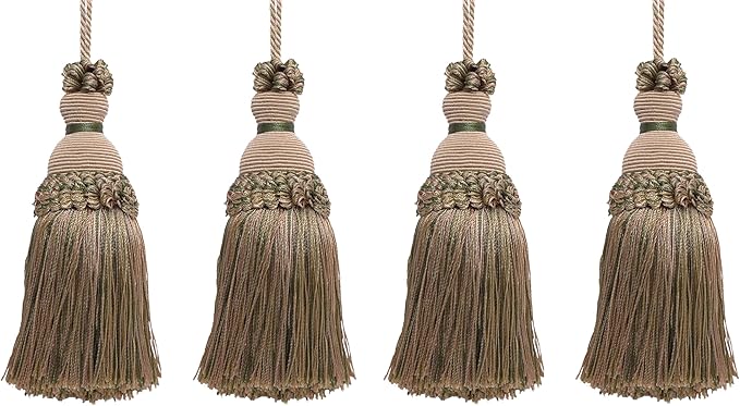 DÉCOPRO Beautiful Hand-Crafted 5" (12.5cm) Key Tassel, 3 1/2" (8.5cm) Loop # IKTJ, Beige Khaki Green #4567 (Khaki Green, Dark Beige) Set of 4