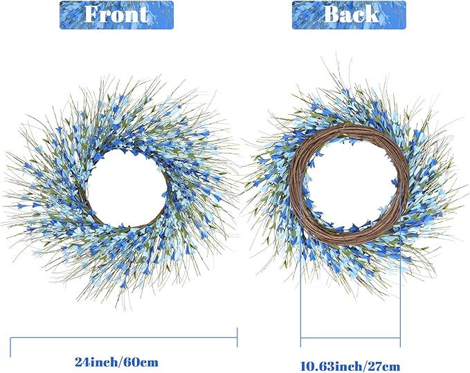 GTIDEA Summer Wreaths for Front Door, 24 Inch Blue Floral Wreath with Grapevine Base, Silk Forsythia Flowers Wreath for Everyday Farmhouse Door Decor Porch Wall Window Indoor Outdoor