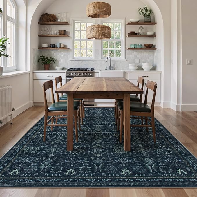 Lahome Navy Blue 8x10 Area Rugs for Living Room,Boho Machine Washable Dining Room Area Rugs,Dark Vintage Thin Stain Resistant Carpets for Bedroom Dorm Home Office