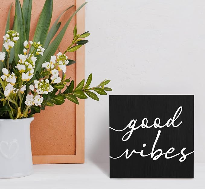 SRADMO Black and White Wood Box Sign Desk Decor 6x6, Inspirational Desk Decor Wooden Block Box Sign For Home Office Shelf Table Decoration (Black)