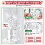 VIS'V Wreath Hanger, Large Suction Cup Wreath Hooks with Wipes, Heavy Duty, 22 LB Capacity, Removable and Reusable, Clear, 4 Pcs