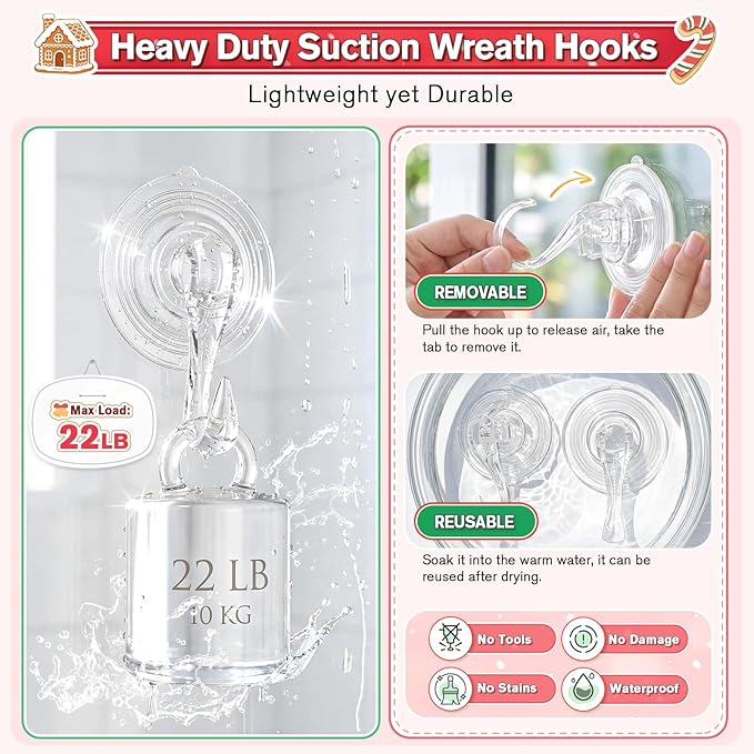 VIS'V Wreath Hanger, Large Suction Cup Wreath Hooks with Wipes, Heavy Duty, 22 LB Capacity, Removable and Reusable, Clear, 4 Pcs