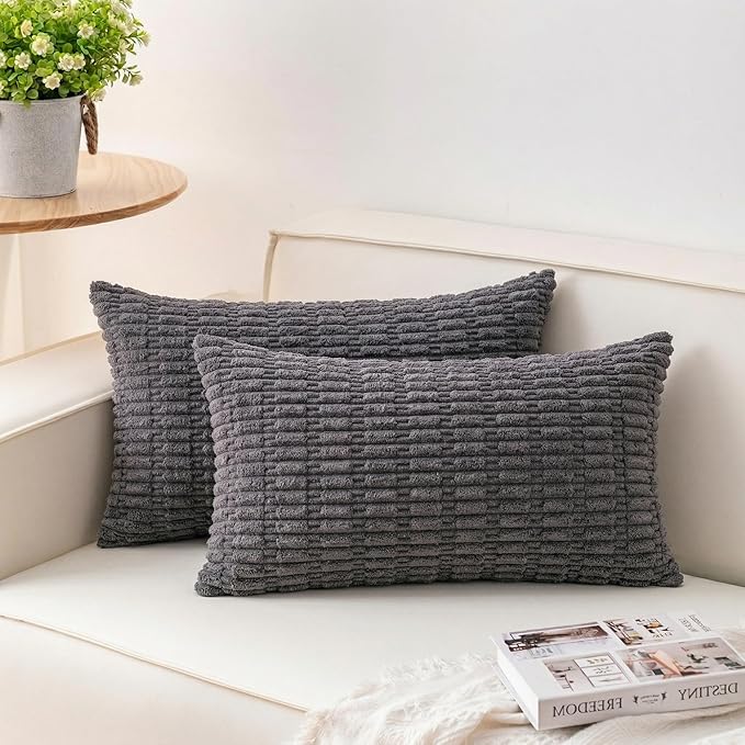 Aegero Pack of 2 Corduroy Decorative Throw Pillow Covers 12x20 Inch Soft Striped Pillow Covers Modern Farmhouse Home Decor for Sofa Living Room Couch Bed（Dark Grey）
