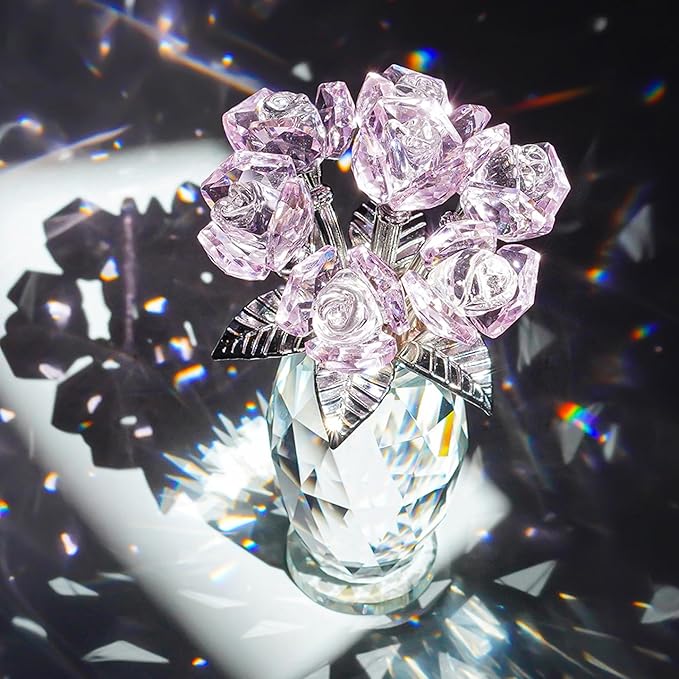 H&D HYALINE & DORA Pink Crystal Rose Flower Figurine,Glass Rose Flowers Gifts for Women,Crystal Rose Flower Collectible for Christmas Wedding Decor