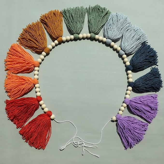 DCJHFJ Boho Tassel Garland Wall Hanging with Wood Beads Colorful Tassel for Kids Room Bedroom Classroom Nursery Dorm Decorations