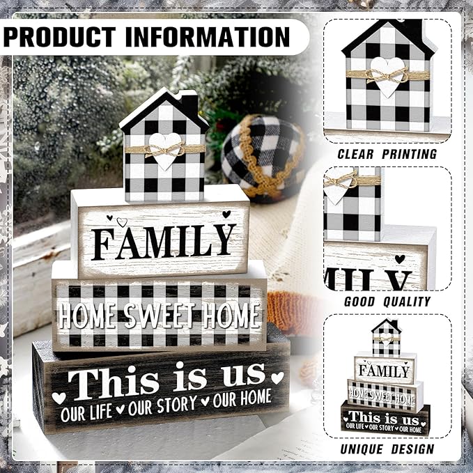 Cinnvoice 4 Pcs Farmhouse Tabletop Decor Rustic Family Blessed Home Table Centerpiece This Is Us Sign for Kitchen Shelf Desk Fireplace Mantel Tiered Tray Decor(Buffalo Plaid Family)