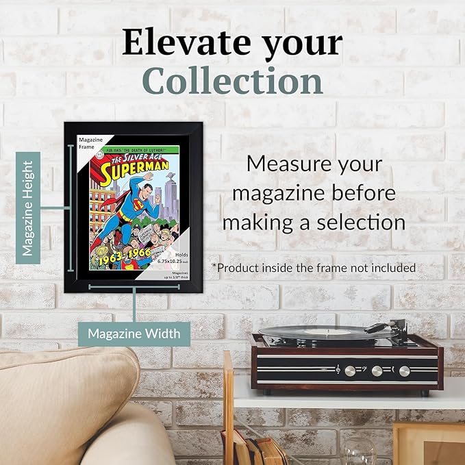 Creative Picture Frames 6.75 x 10.25 Magazine Comic Book Frame with Full-Strength Glass, Holds Up To A 1/4" Thick Media with Installed Hangers for Easy Mounting, 8x12 Black Frame with Black Mat