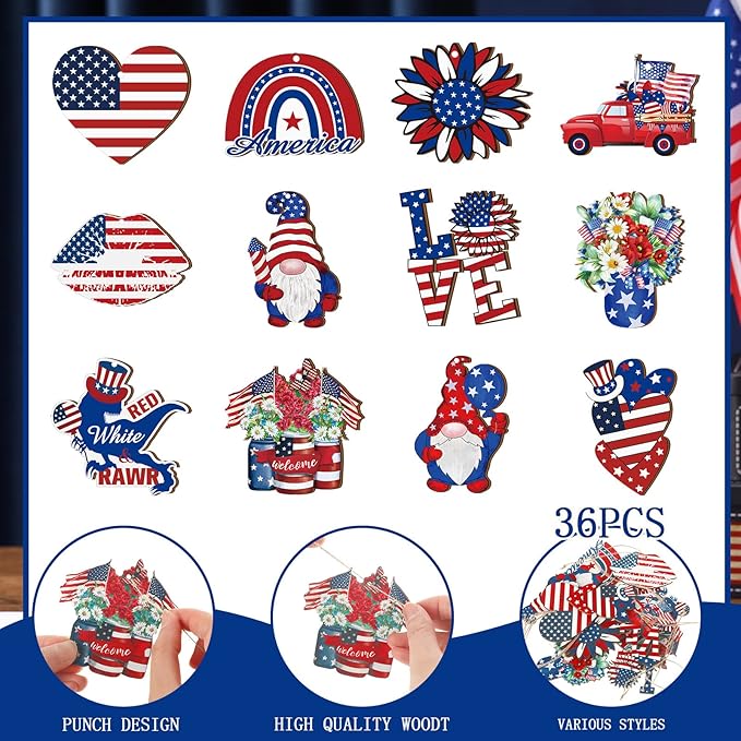 Sintuff 36 Pcs 4th of July Tree Decorations Patriotic Ornaments for Tree Independence Day Hanging Ornament Summer Red White Blue Wooden Decor for 250th Anniversary Memorial Day Party Supplies Crafts