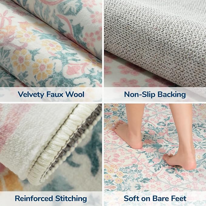 Lessymo Pink Runner Rug for Entryway, 2x6 Kitchen Rugs Non Slip Rubber Fuzzy Soft Washable Runners for Hallway, Faux Wool Small Floor Mat Bedroom Rug, Vintage Floral Design Decor, Pink Green