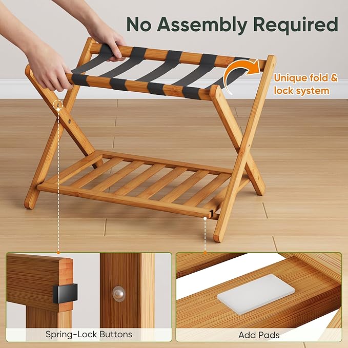 Pack of 2 Fully Assembled Bamboo Luggage Racks with Shoe Shelf, 5 Heavy-Duty Straps Folding Suitcase Stand, Luggage Holders for Guest Room Must Haves, Ideal for Bedroom, Hotel, Honey Oak