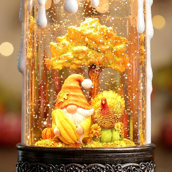 Fall Snow Globe Lantern Fall Decor Candle Shape with Gnome and Turkey, Lighted Thanksgiving Decorations with Timer Swirling Glitter for Tabletop Autumn Festival Harvest Day