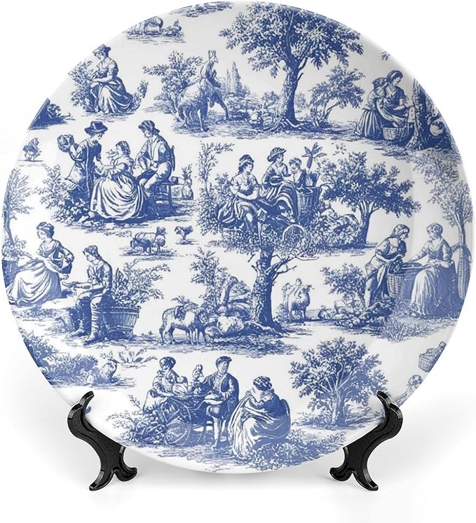 Navy Blue White Decorative Toile Print Decorative Plate of 6", 7", 9", 10", Customize Design Collector Plates, Kitchen Art Decoration Decorations Office, Unique Art with Stand