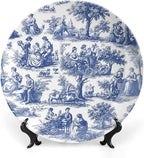 Navy Blue White Decorative Toile Print Decorative Plate of 6", 7", 9", 10", Customize Design Collector Plates, Kitchen Art Decoration Decorations Office, Unique Art with Stand