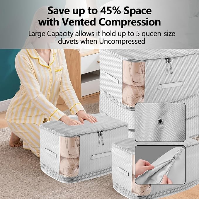 6 Pack Space Saving Comforter Storage Bag with Handle, 3-Layer Compression Blanket Storage Bags Adjustable In 3 Sizes (142L, 107L, 71L), Washable Bedding Organizer For Pillow Duvet Clothing Plush Toy