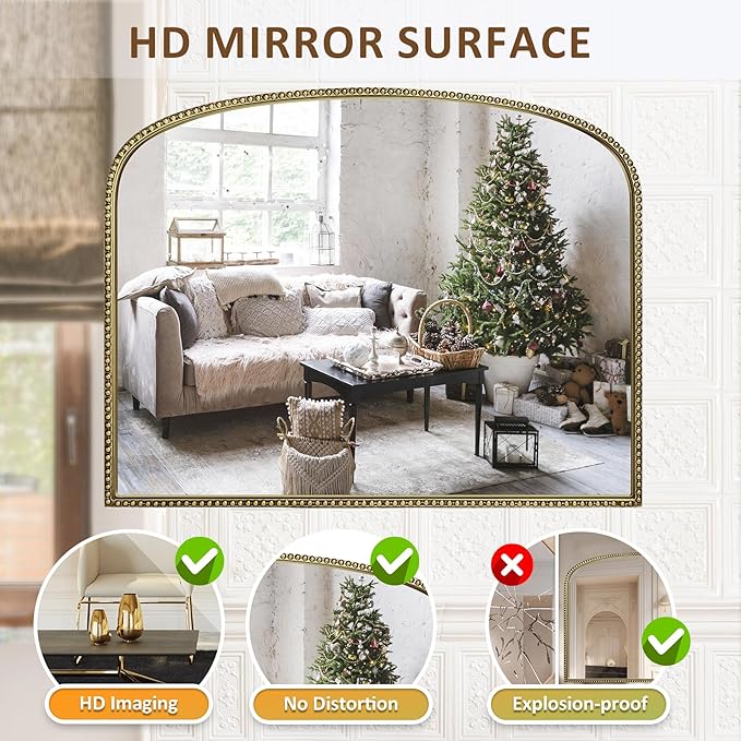 Antique Gold Arched Wall Mirror - 36"x28" with Metal Beaded Frame | Decorative Accent Mirror for Fireplace, Bedroom, Living Room, Dresser, Mantle