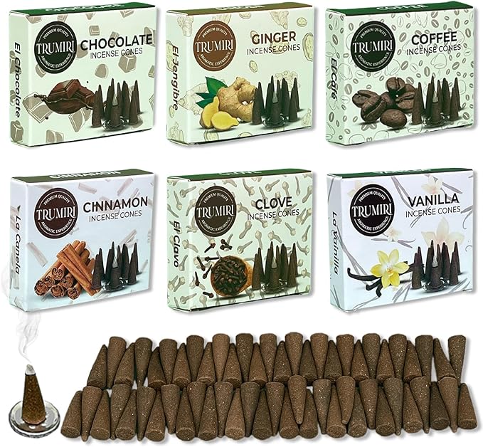 TRUMIRI Gourmet Incense Cones - Variety Pack - Total 60 Cone Incense (6 Scents x 10 Conos) - Vanilla, Cinnamon, Coffee, Chocolate, Clove, Ginger - Cone Incense Scents - Insense Cones - Incent Cone