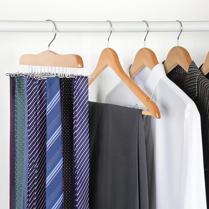 TOPIA HANGER Tie Rack Hanger for Closet, Wooden Tie Organizer for Men with 24 Folding Hooks, Space Saving Necktie Holder for Storage and Display Bra, Tank Top, Camisole (1-Pack), Natural- CT14N