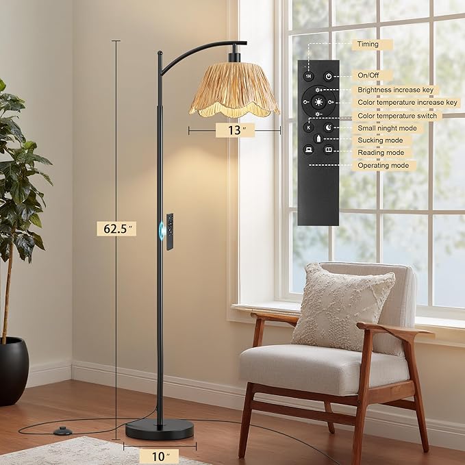 Oneach Boho Floor Lamp with 3 Color Temperatures, Farmhouse Floor Lamps for Living Room with Remote & Dimmable Bulb, Rattan Floor Lamp for Bedroom, Black