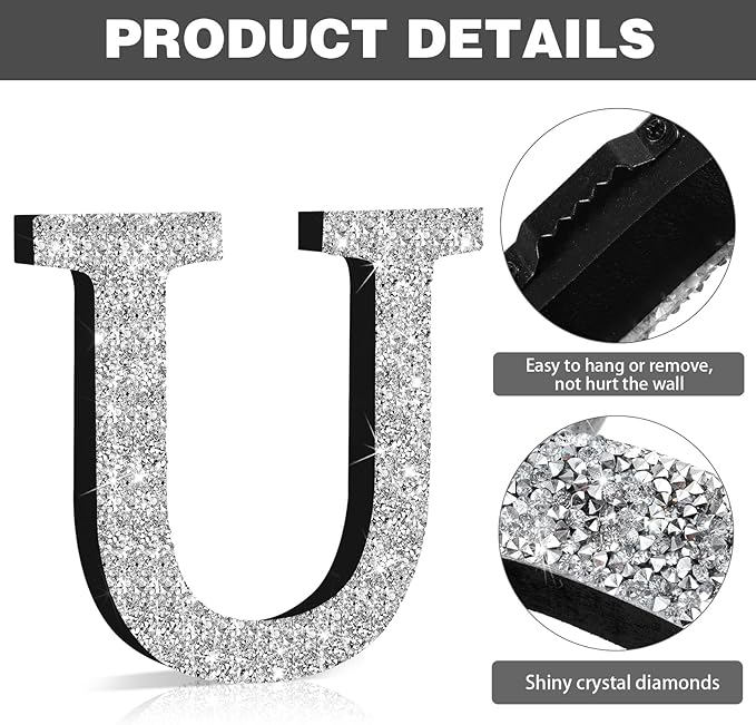 Qunclay 8'' Silver Crystal Diamond Bling Letters Crushed Diamond Decoration Wooden Glitter Letter with Screw and Hooks Rhinestone Gift for Wedding Y2k Mcbling Bedroom Wall Decor (Letter U)