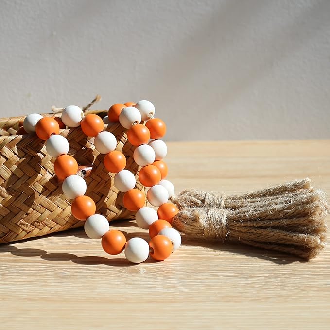 Meplait Fall Wood Bead Garland, 39in Farmhouse Beads with Tassels Halloween Tiered Tray Decor Decorative Beads Home Decor（Orange & Natural）