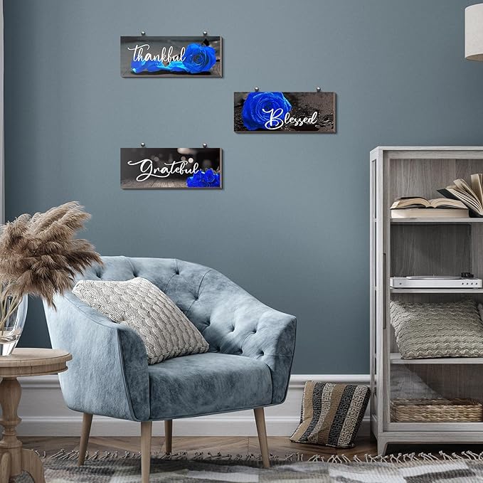 Hillban 3 Pieces Rose Wooden Wall Decor Rose Bathroom Decor Thankful Grateful Blessed Accessories Inspirational Wall Art Signs for Living Room Kitchen Wedding(10 x 4 Inch,Blue)