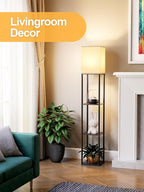 Floor Lamp with Shelves for Living Room, Shelf Floor Lamp with 3 CCT LED Bulb, Corner Display Standing Column Lamp Etagere Organizer Tower Nightstand with White Linen Shade for Bedroom, Office