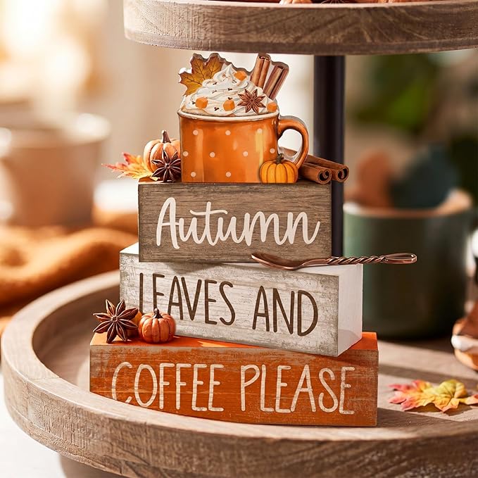 Lineshading 4 Pcs Fall Decorations for Home Wooden Hot Cocoa Coffee Block Sign Thanksgiving Tiered Tray Decor Thanksgiving Centerpiece Rustic Fall Table Decor for Autumn Harvest Party Home Kitchen
