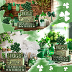 Lineshading 4 Pcs St. Patrick's Day Table Wooden Signs Hug Shamrocks Table Decoration Green St. Patrick Striped Tiered Tray Decor Irish Themed Centerpiece for Farmhouse Holiday Tabletop Home Decor