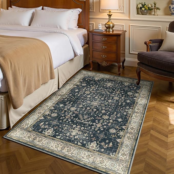 Lessymo Large Entryway Rug 3x5, Black Brown Washable Boho Area Rugs for Large Kitchen, Bedroom Bedside, Living Room, Non Slip Low Pile Carpet Oushak Vintage Floral Moody Decor