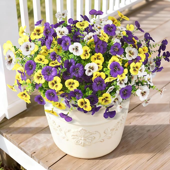 Artificial Fake Pansy Flowers for Outdoors, 12 Pcs Faux Silk Pansies Flower for Spring Summer Decoration, UV Resistant Fake Plants for Outside Planter Porch Yard Patio Home Decor(Purple Yellow White)