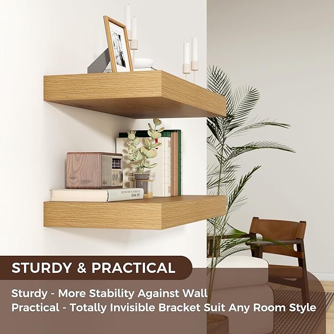 Venusmiles Floating Shelves for Wall, 40" W x 12" D x 2" H, 2 Pack of Long Wall Mounted Engineered Wood Shelves with Invisible Brackets for Living Room, Bedroom, Bathroom, Kitchen Decor, Oak