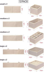 12 Pack Foldable Drawer Organizer Dividers Cloth Storage Box Closet Dresser Organizer Cube Fabric Containers Basket Bins for Underwear Bras Socks Panties Lingeries Nursery Baby Clothes Beige
