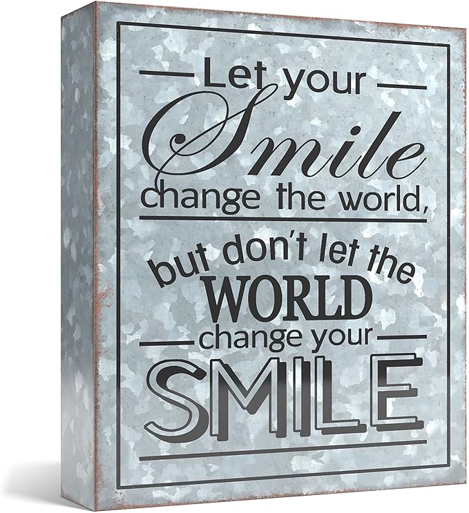 Barnyard Designs Metal Box Sign Motivational Desk Decor, Inspirational Office Decorations for Women, Cute Bathroom or Shelf Décor (Smile)