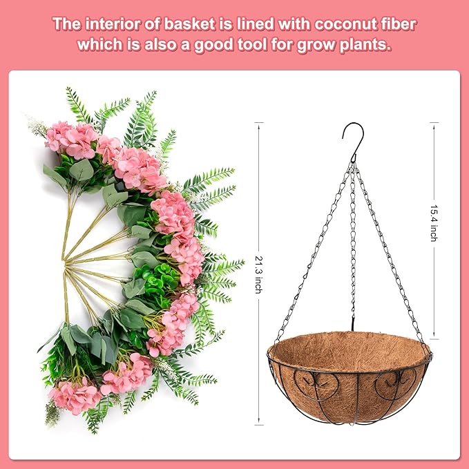 Artificial Hanging Hydrangea Flowers with Basket for Outdoor Spring Decoration, Fake Silk Hydrangea Flower Outdoor Indoor Arrangements, Fake Hanging Plants for Balcony Garden Yard Decor(Champagne)