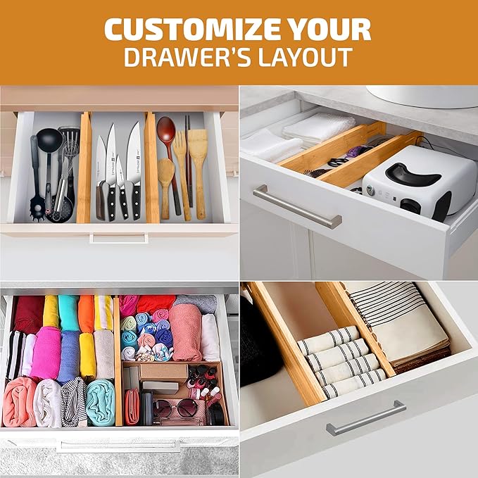 Bambüsi 4-Pack Bamboo Drawer Dividers - 2.6" High, 12.5"-17" Adjustable Drawer Organizers for Clothes, Expandable Dresser Separators in Bedroom/Bathroom/Kitchen/Office Organization and Storage