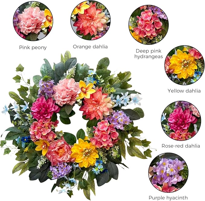 Spring Wreaths for Front Door, 24 Inch Spring Door Wreath with Yellow Dahlia,Pink Hydrangea Dahlia Peony Flower Wreath for All Season Outside Indoor Outdoor Home Porch Wall Decor