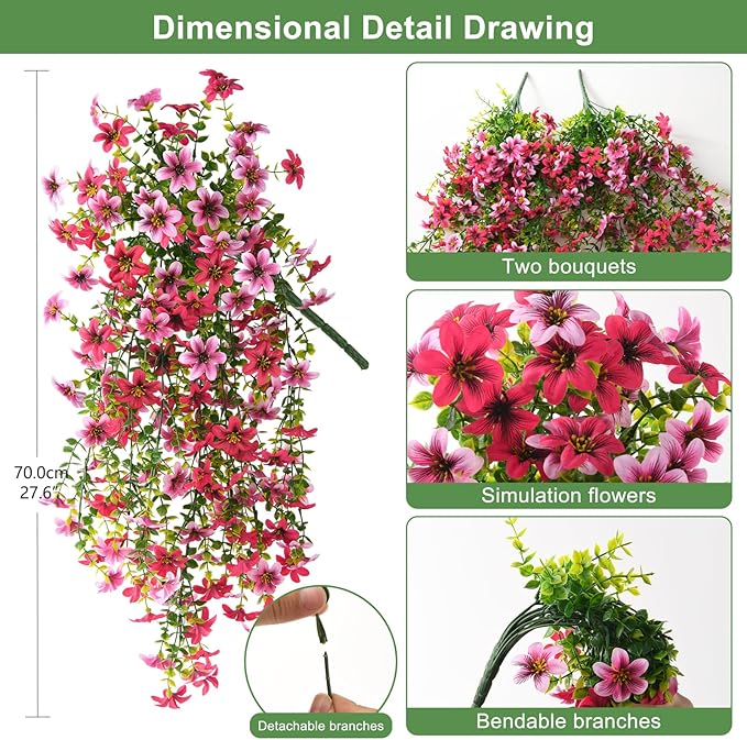 Artificial Hanging Flowers Plants for Outdoor Spring Summer Decoration, 2PCS Faux Silk Daisy UV Resistant Look Real for Outside Home Indoor Planter Porch Garden Yard Decor(Rose Red Pink)