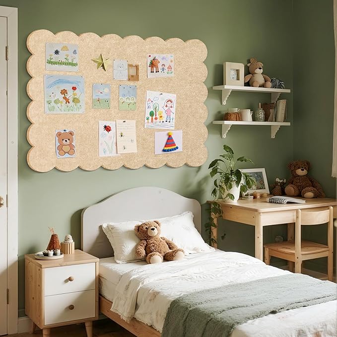 Lightomorrow Scalloped Bulletin Board, 48 x 36 Inches Felt Pin Board - Decorative Cork Alternative for Wall, Foldable Picture Self-Adhesive Vision Prayer Board with 20 Pushpins - Beige Brown