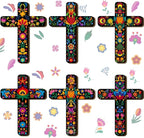 Soaoo 6 Pcs Floral Cross Wall Decor Mexican Home Decor Hand Painted Inspirational Wooden Cross The Ofrenda of The Dead Day Sugar Skull Wall Art Spanish Style Crucifix for Home Room Church Decoration