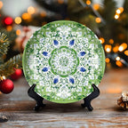HABEN ARTWORK 10" Ceramic Plates for Display Green Floral Mandala White Blue Flowers Botanical Style Decorative Plate with Stand and Hook for Kitchen Dining Room Wall Hanging Decor