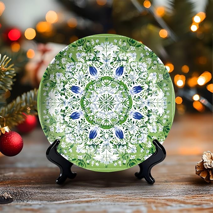 HABEN ARTWORK 10" Ceramic Plates for Display Green Floral Mandala White Blue Flowers Botanical Style Decorative Plate with Stand and Hook for Kitchen Dining Room Wall Hanging Decor
