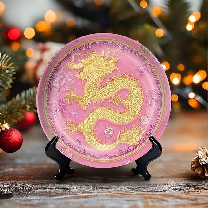HABEN ARTWORK 10" Ceramic Plates for Display Golden Dragon Floral Patterns Pink Decorative Plate with Stand and Hook for Kitchen Dining Room Wall Hanging Decor